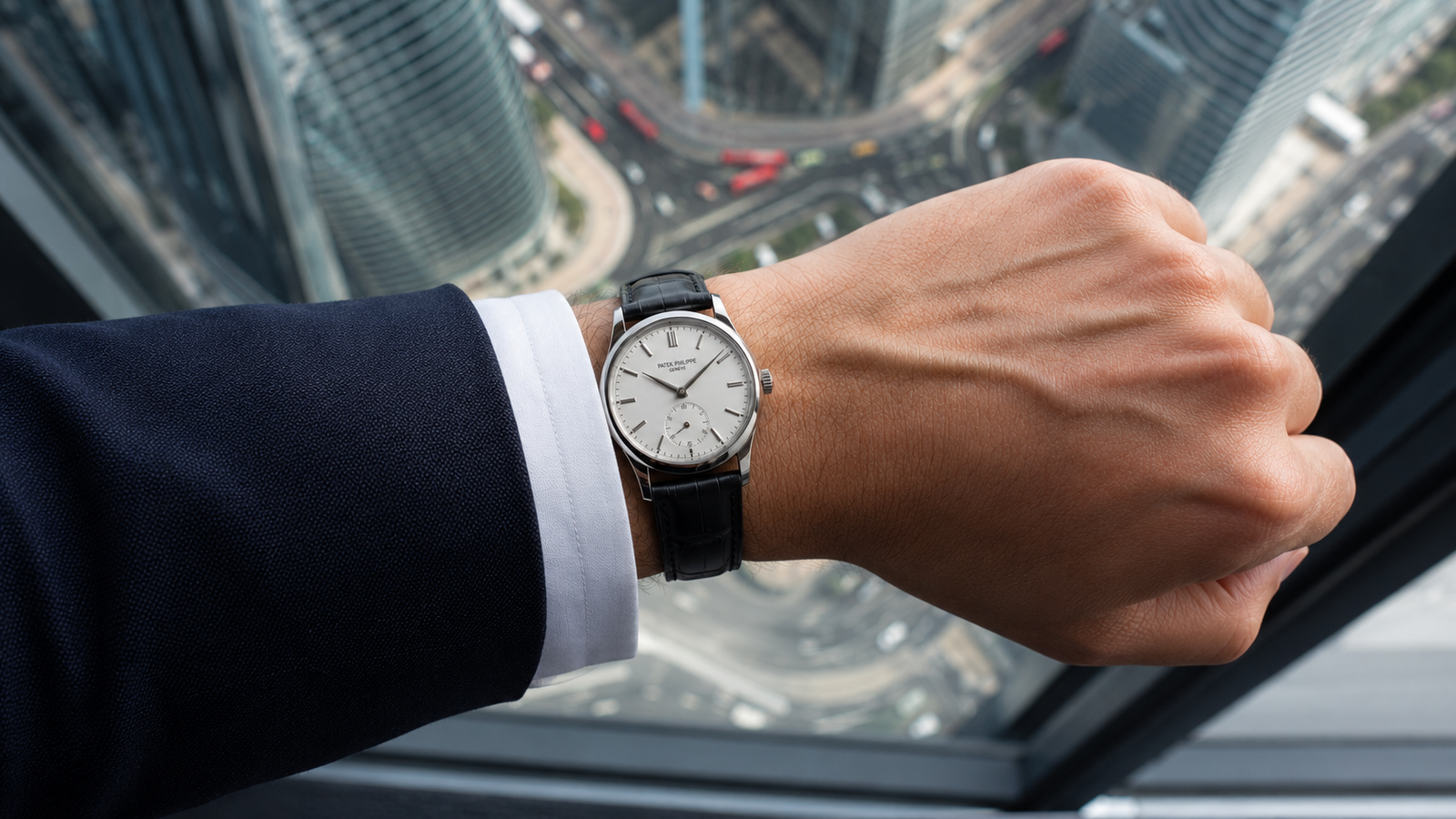 Luxury watch on suited wrist City of London finance professional
